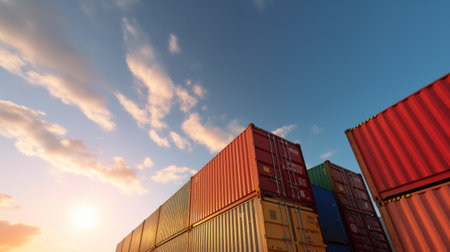 Stack of Containers Cargo Ship Import or Export in Harbor Port, Cargo Freight Shipping of Container Logistics Industry. Transport Distribution, Business Commercial Dockの素材