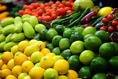 Fruit market with various colorful fresh fruits, citrus and vegetablesの素材