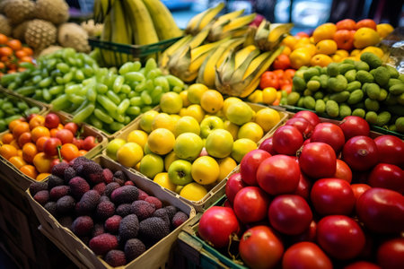 Fruit market with various colorful fresh fruits and vegetablesの素材