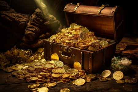 open treasure chest with shinny gold underwater. diving for pirate ancient treasure.の素材