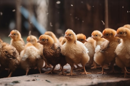 Lot of little chickens feeding in a farm.の素材