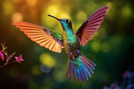 Multicolored hummingbird flies to the flower.の素材