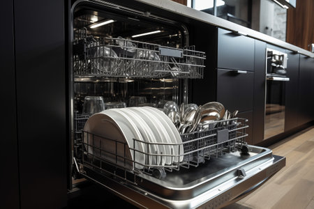 Open dishwasher in a modern kitchen. Clean dish and cutleryの素材