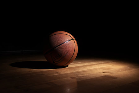 Basketball staying on top of a wooden floor. Dramatic spot lighting.の素材