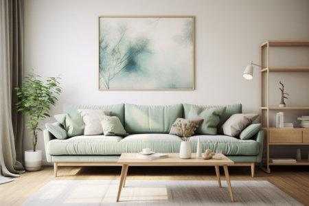 Scandinavian living room with design mint sofa. Generative ai.の素材