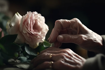 Close up of Old Woman Hand Plucks beautiful rose. Generative AIの素材