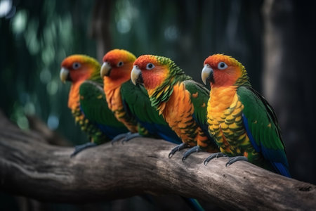 Close-up of flock of five colorful parrots sitting on the branch. Generative AIの素材