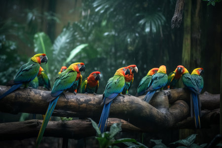 Close-up of flock of five colorful parrots sitting on the branch. Generative AIの素材