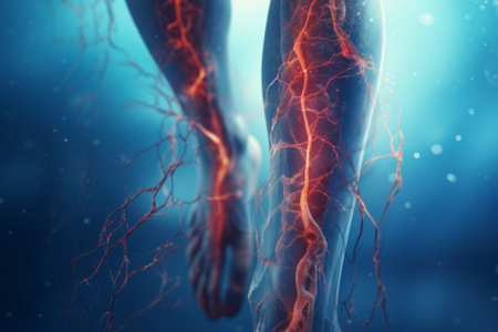 Close-up of leg with varicose veins disease. Glowing illustrative image. Made with Generative AI.の素材
