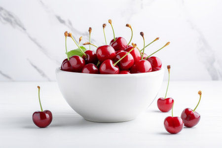 Fresh red cherries in white ceramic bowl, on neutral background. Summer delicious berry. Made with Generative AIの素材