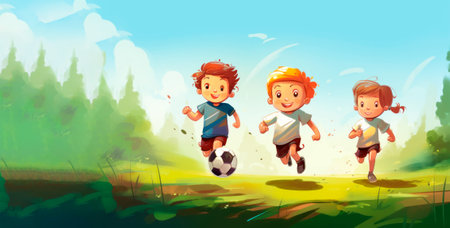 Kids soccer football - young children players match on soccer field. Banner like illustration was made with Generative AI.の素材