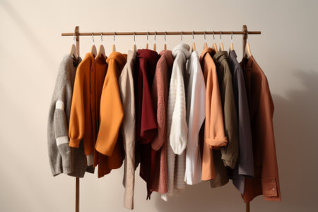 Clothes hanging in row. Many clothes for autumn or fall season.の素材