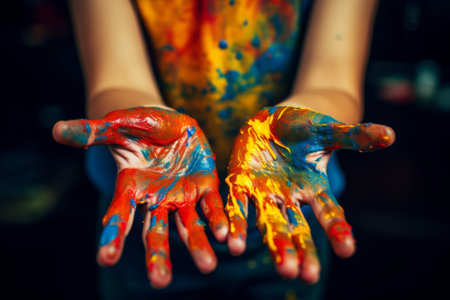 Child hands are smeared by colorful paints. Generative AI.の素材