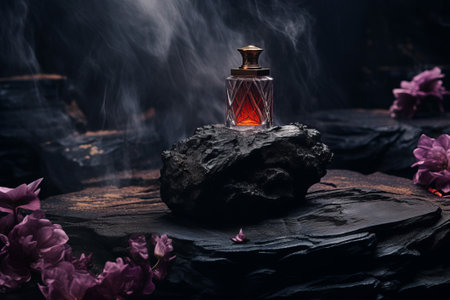 Perfume glass bottle on stone on a dark background. generative ai.の素材