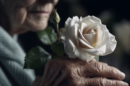 Close up of Old Woman Hand Plucks beautiful rose. Generative AIの素材