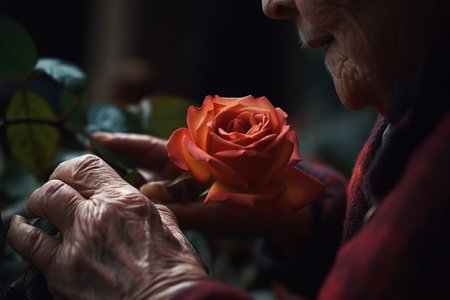 Close up of Old Woman Hand Plucks beautiful rose. Generative AIの素材