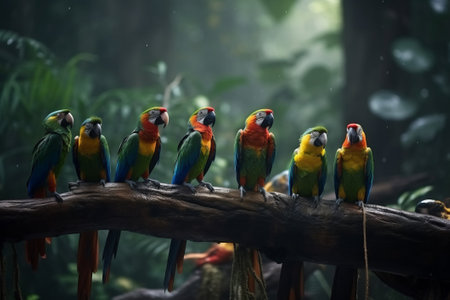 Close-up of flock of five colorful parrots sitting on the branch. Generative AIの素材