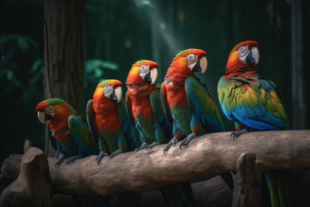Close-up of flock of five colorful parrots sitting on the branch. Generative AIの素材