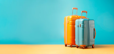 Travel suitcases on a blue background. Banner with copy space for text. Generative AI.の素材