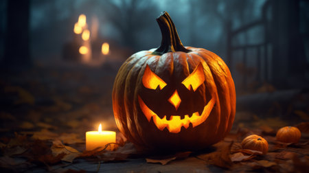 Halloween pumpkin head jack lantern on wooden background. Lit candle light. Generative AI.の素材