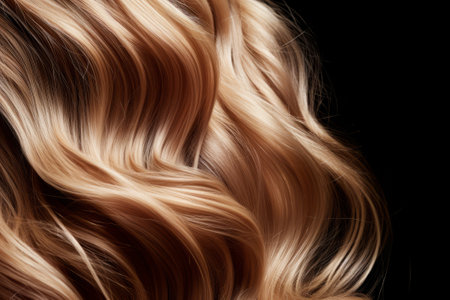 Curly Blonde Hair Close-up isolated on black background. Generative AI.の素材