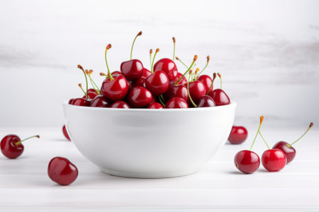 Fresh red cherries in white ceramic bowl, on neutral background. Summer delicious berry. Made with Generative AIの素材