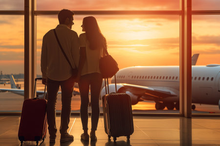 Traveling couple with luggage standing together in the airport and waiting the departure. Back viewの素材