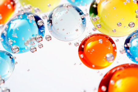 close-up of colorful drops liquid bubbles molecules.の素材