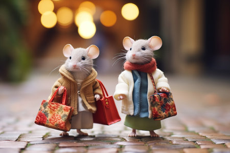 Miniature dressed mice going shopping in the city.の素材