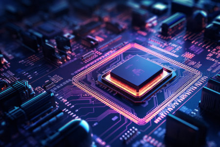 Close-up of Silicon Die are being Extracted from Semiconductor. Neon pink light. Generative AI.の素材