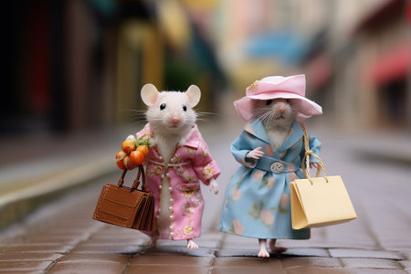 Miniature dressed mice going shopping in the city.の素材