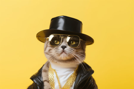 Cool rich successful hipster cat with sunglasses and leather black hat. Yellow background.の素材