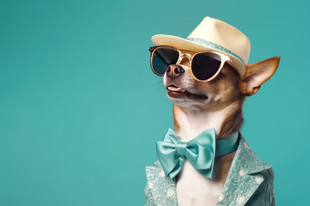 Cool rich successful hipster dog with sunglasses and hat. Blue background.の素材