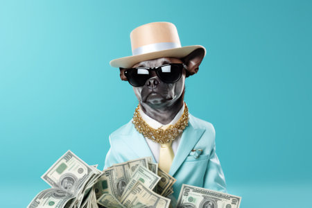 Cool rich successful hipster dog with sunglasses and cash money. Blue background.の素材