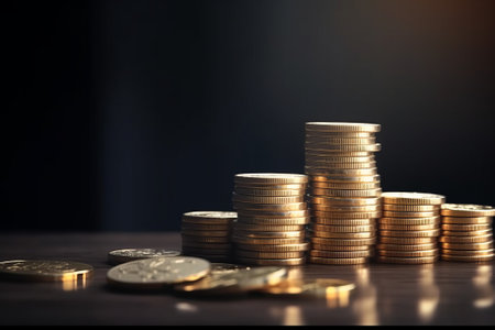 Stack of golden growing coins with copy space. Business, finance, investment concept. Dark black background.の素材