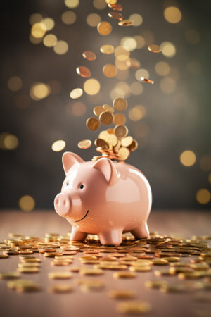 Coins falling into a piggy bank portraying investment.の素材