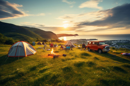 Campings on the hill with a wonderful view.の素材