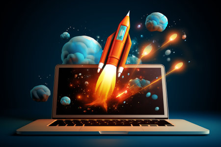 Digital illustration of laptop and space rocket shuttle launching with a cloud of smoke. Startup, success, creative idea, speed, technology concept.の素材