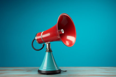 Megaphone in woman hands on a blue background. Copy spaceの素材