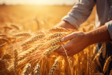 Hands of unrecognized farmer touching picked crop of wheat.の素材