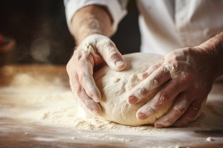 Bakers hands kneading dough for artisan bread.の素材