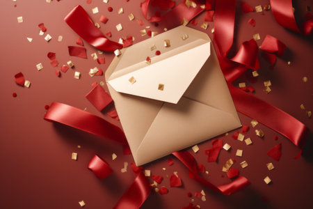 Flat lay open envelope with letter and confetti. Red background.の素材
