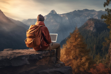 Freelancer man working online while hiking in the mountains. Travel and remote work concept.の素材