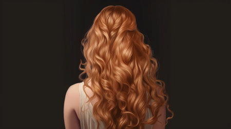 Curly Red or Ginger Hair Close-up. Back view of a woman with red ginger hair.の素材