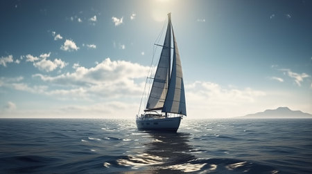 Sailing ship yachts with white sails at opened sea. Made with Generative AII.の素材