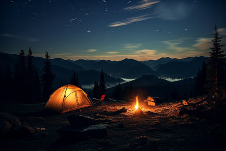A tent glows under a night sky full of stars. Outdoor adventure, nature landscape.の素材