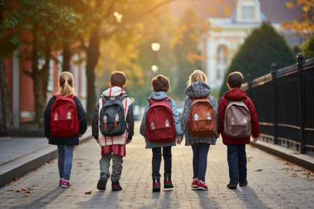 Back view of multiracial elementary schoolgirls and boys with backpacks and walking outdoor. unaltered, childhood, together, education and back to school concept.の素材