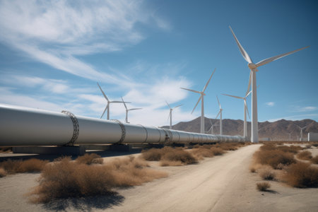 Hydrogen pipeline with wind turbines on the background.の素材