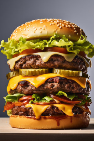 Close-up of tasty burger with fresh ham, cheese and tomato. Vertical imageの素材