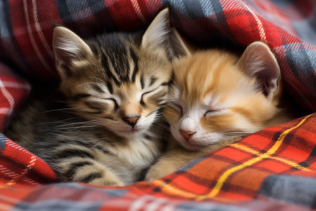 Top view of two small striped domestic kittens hugging and sleeping in the plaidの素材